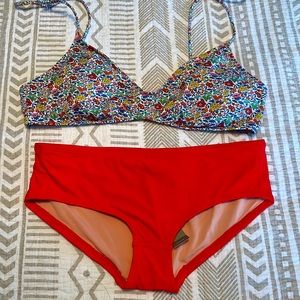 NWT J. Crew floral bikini top (L) and red boy short (S)